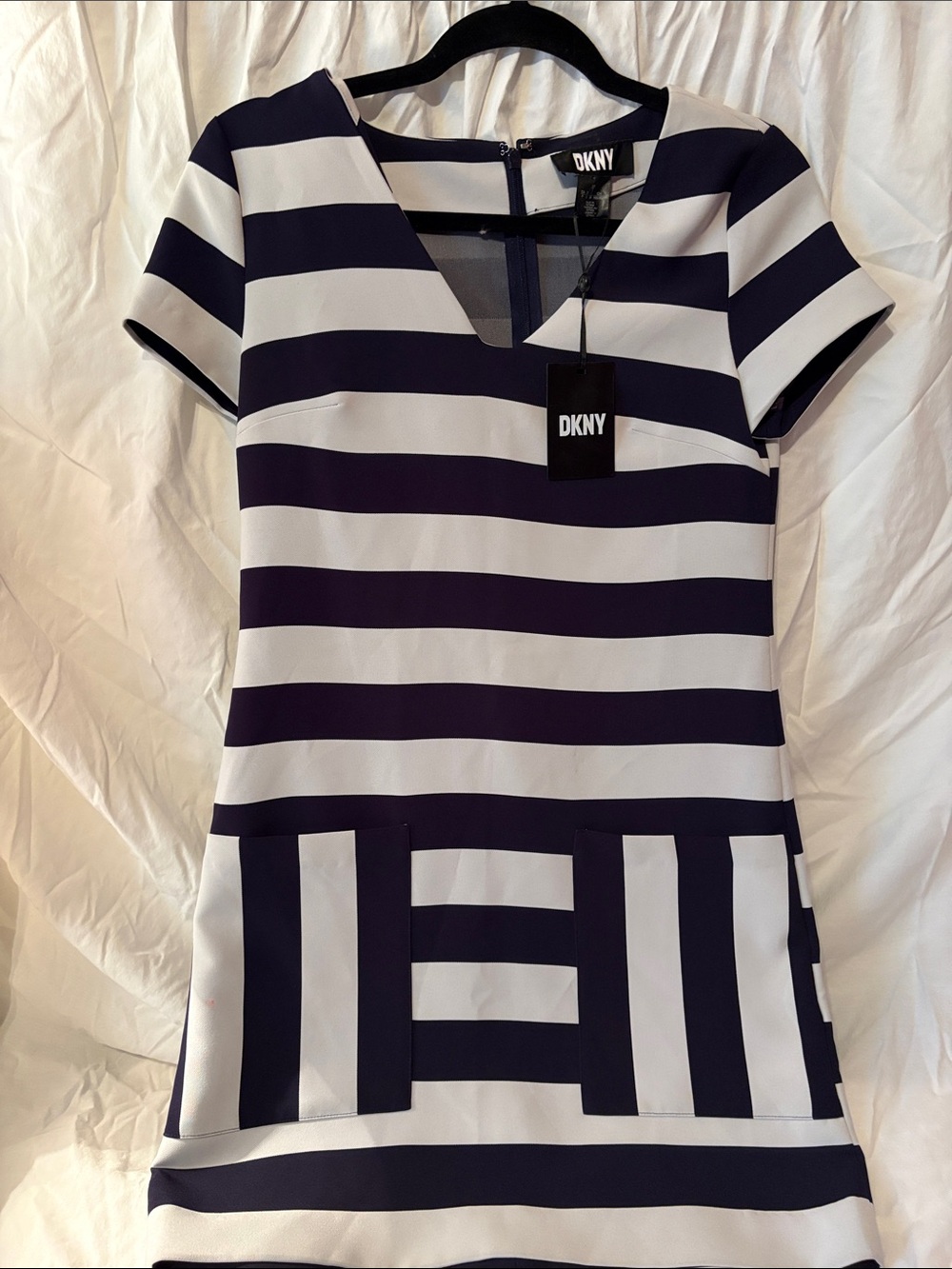 NWT-DKNY Navy and White Striped Short Sleeve Shift Dress with Geometric Hem